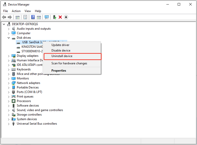 right-click the target drive and select Uninstall device
