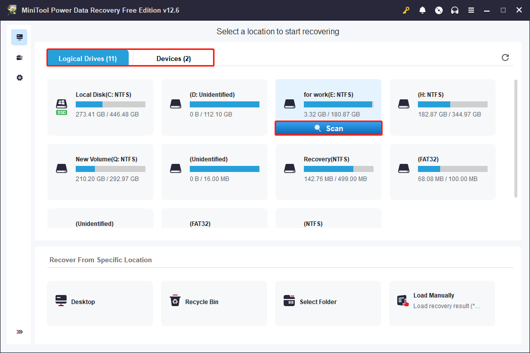 click Scan on the target drive in MiniTool Power Data Recovery