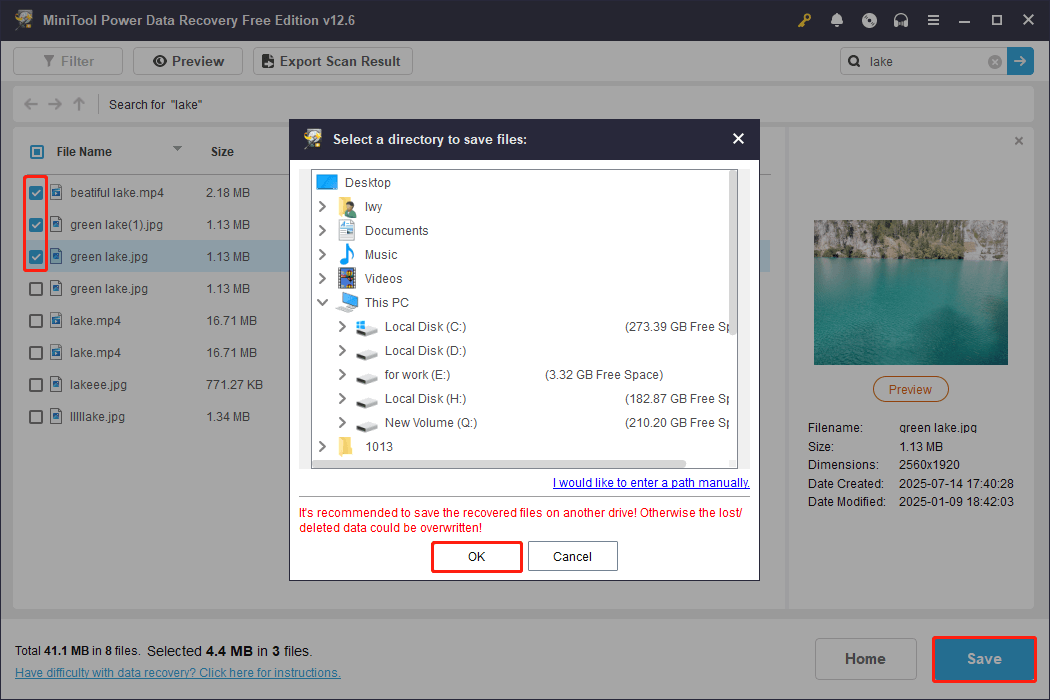tick the files, click Save, choose a path, and click OK in MiniTool Power Data Recovery