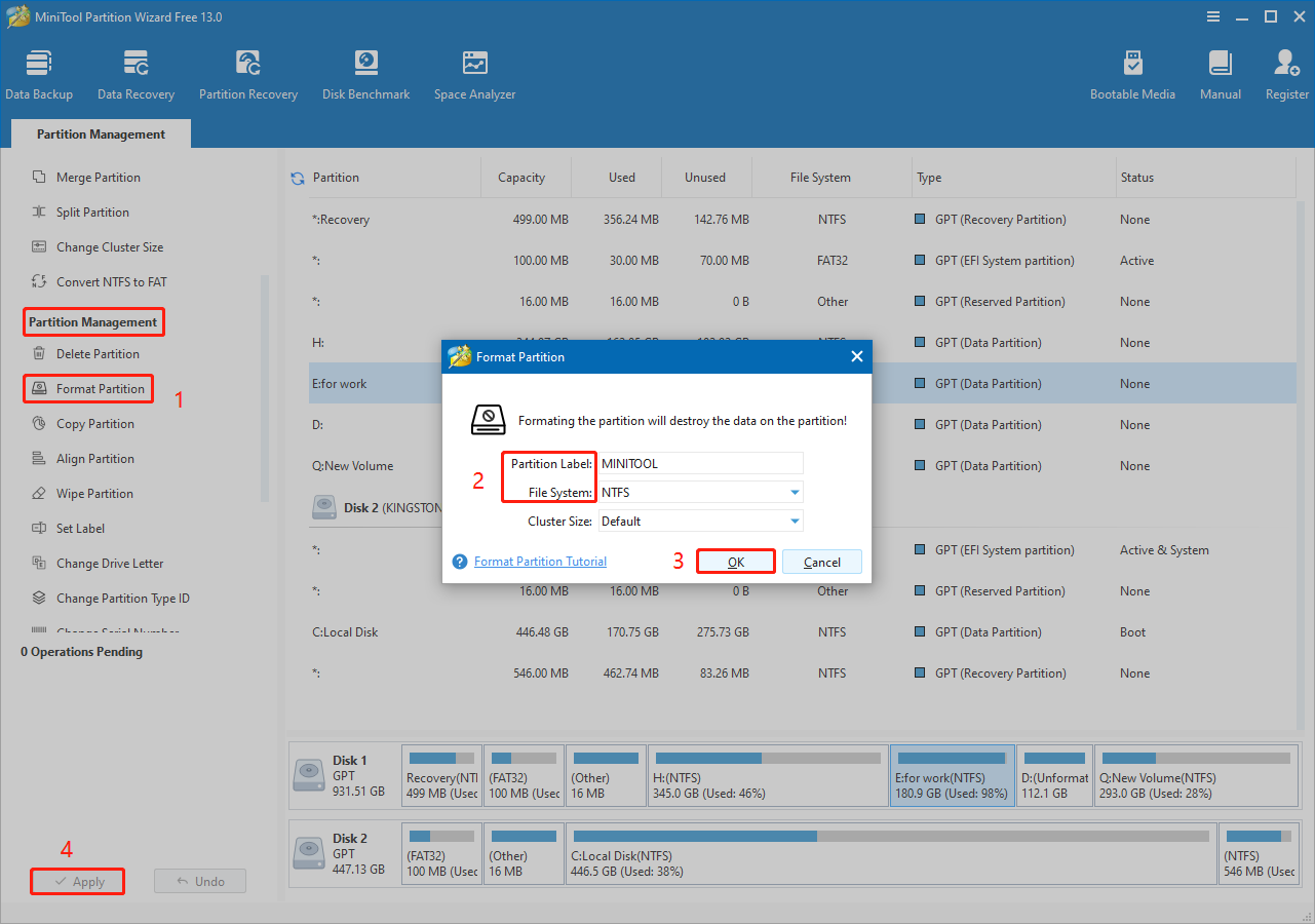 format your disk using MiniTool Partition Wizard