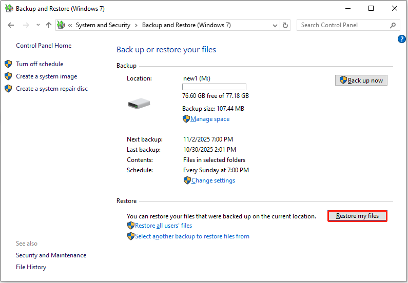 a screenshot of restoring files using Backup and Restore (Windows 7)