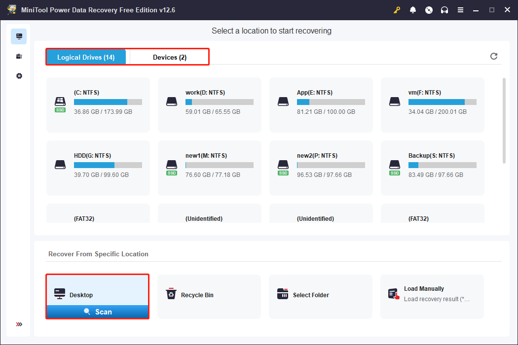 partitions and specific locations are displayed on the main interface of MiniTool Power Data Recovery