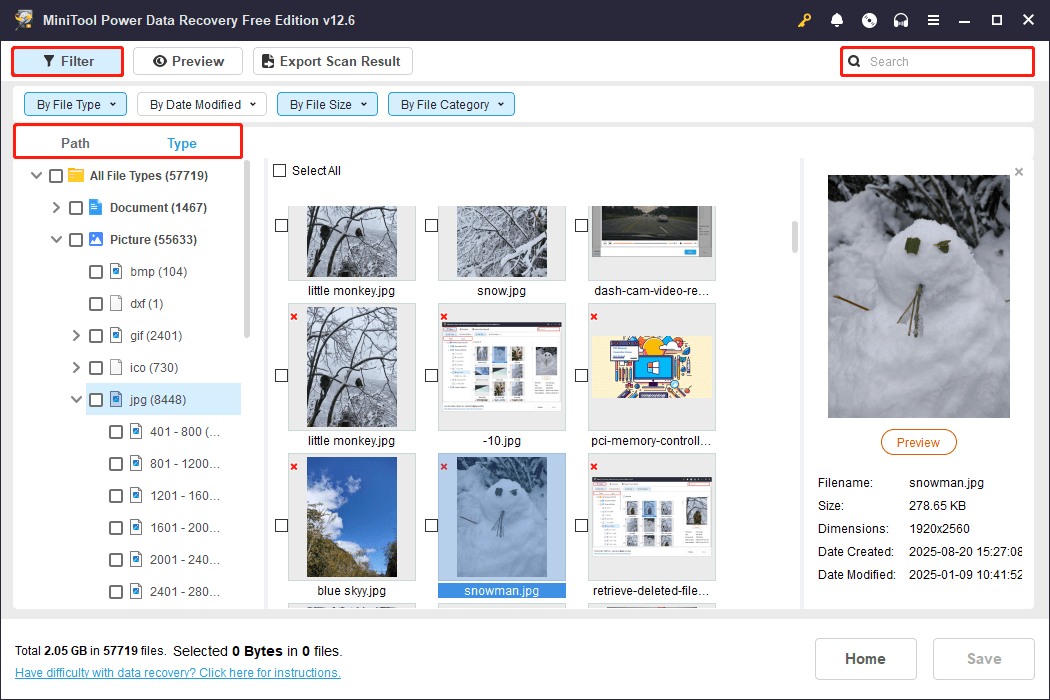 multiple pictures being filtered from the scan results in MiniTool Power Data Recovery