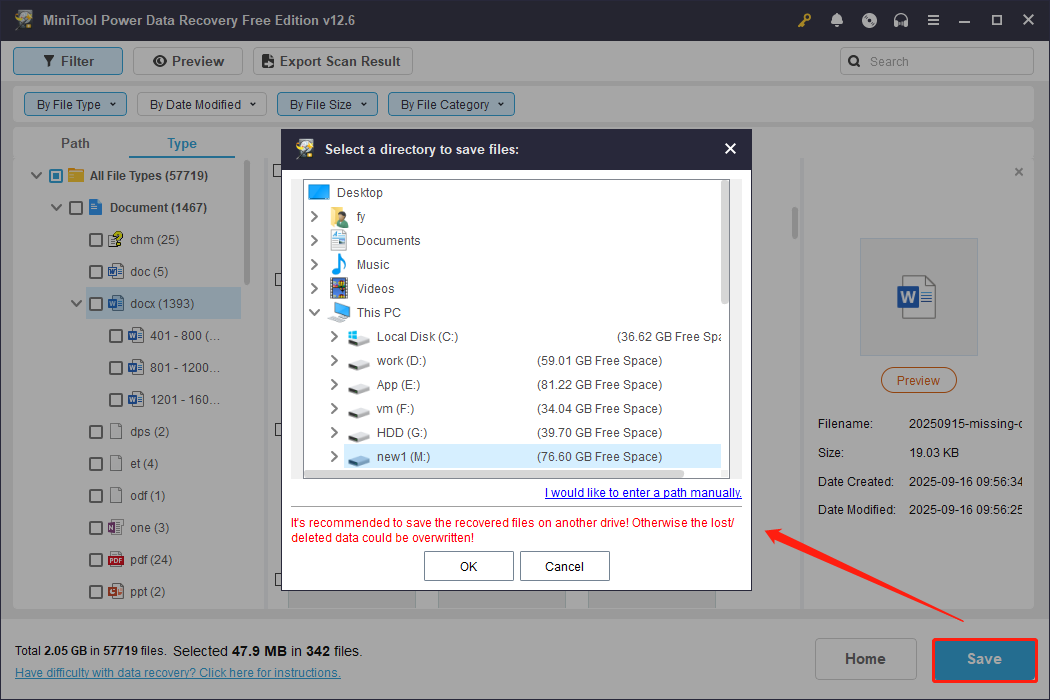 the pop-up window for saving files in MiniTool Power Data Recovery