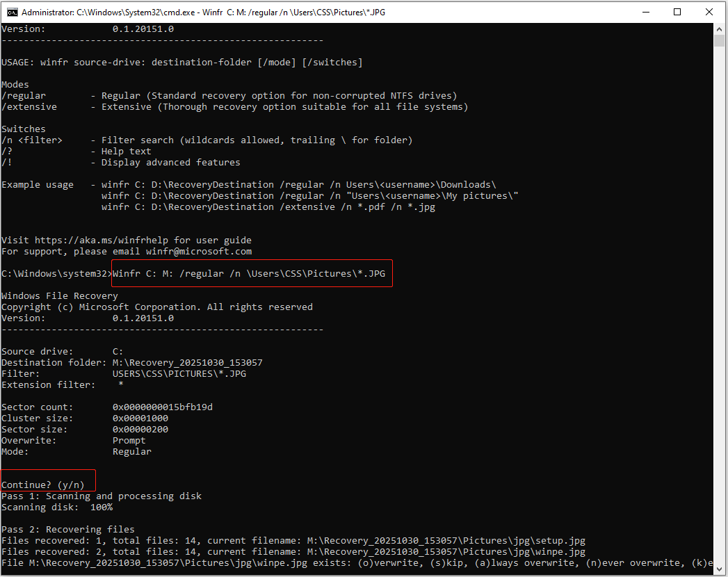 the command line window of Windows File Recovery for recovering files