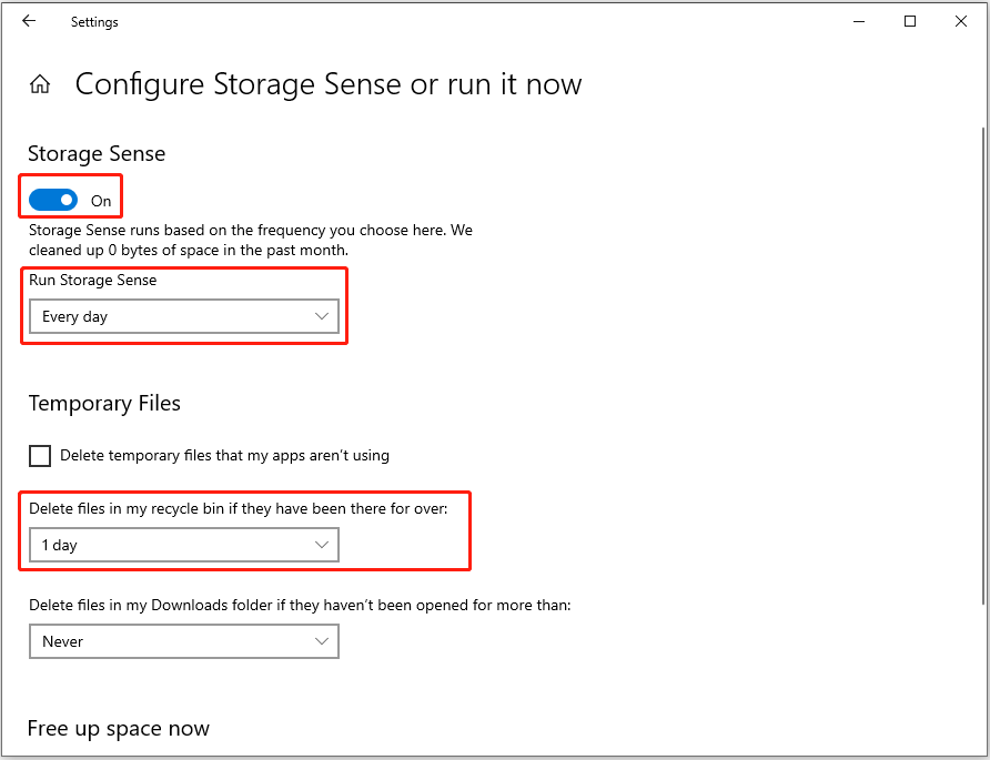 the Storage Sense window for deleting files automatically