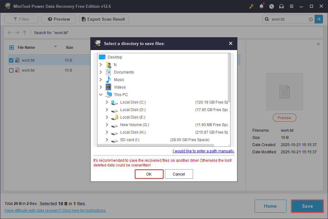 interface showing how to save recovered files in MiniTool Power Data Recovery