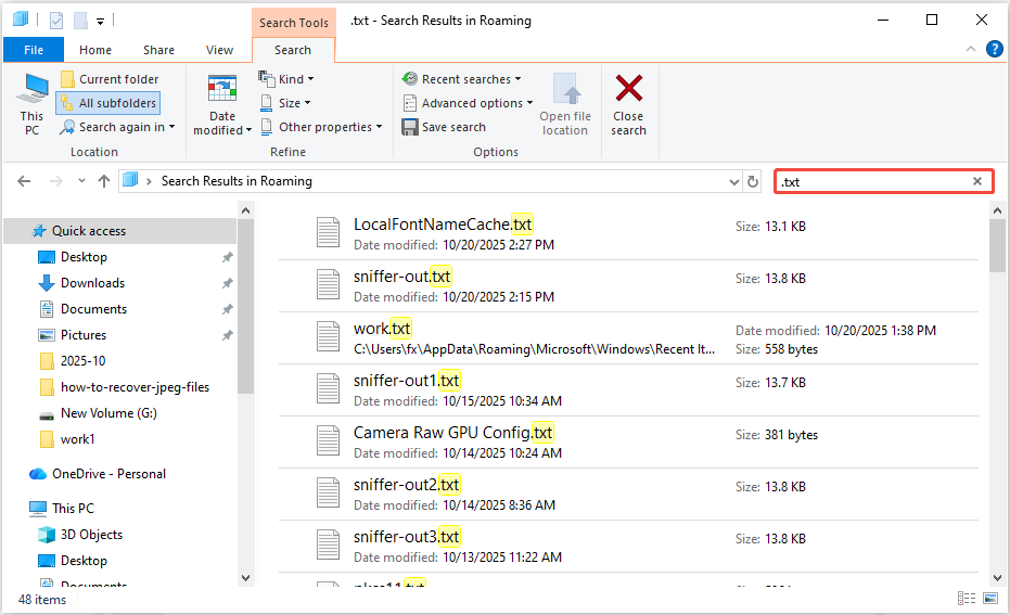 type .txt to locate the Notepad files in the Roaming folder