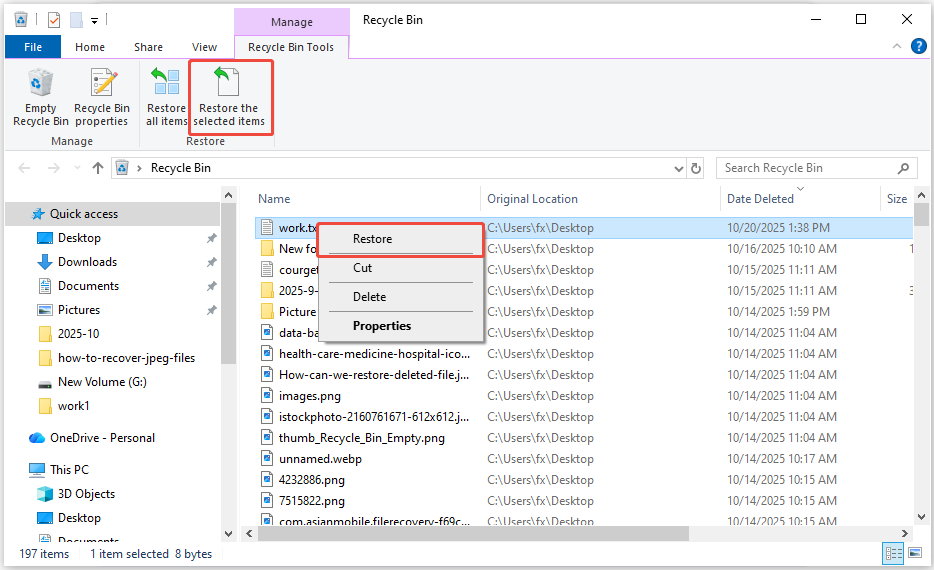 recover deleted Notepad files from the Recycle Bin by clicking Restore or Restore the selected items