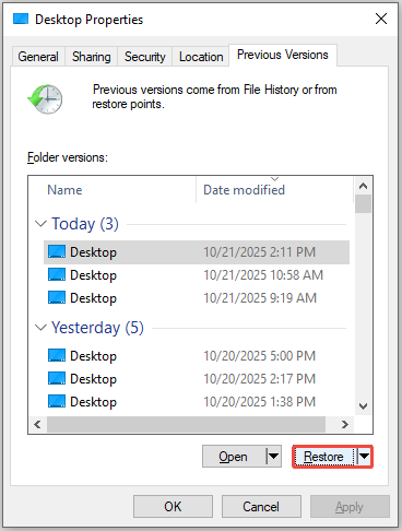 click Restore to get back to the previous version for the folder where the lost Notepad files are stored