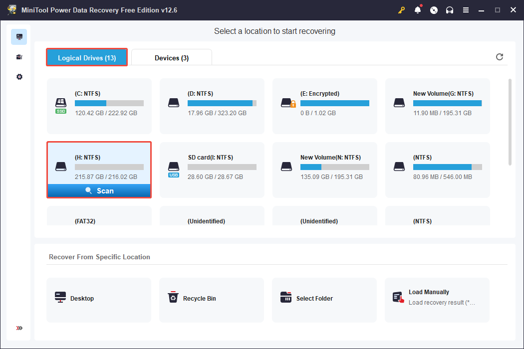 the main interface of MiniTool Power Data Recovery with many partitions listed