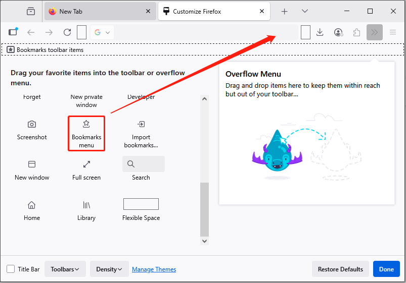 add a bookmarks menu button to the Firefox toolbar
