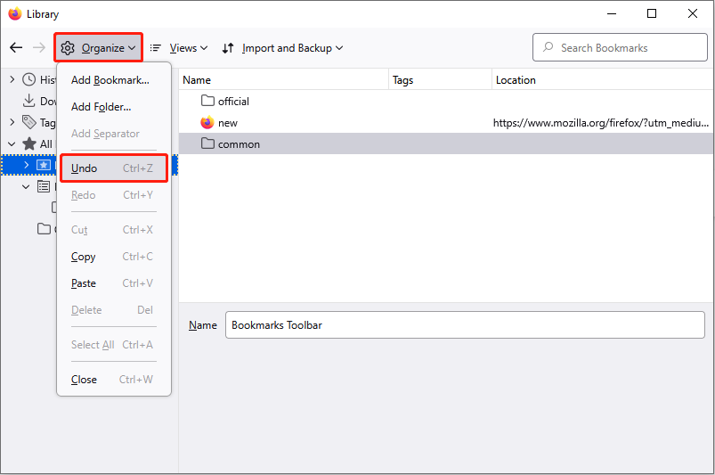 undo the deletion for recently deleted bookmarks