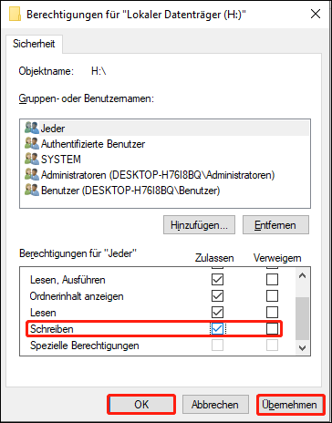 as Kontrollkästchen Zulassen neben Schreiben aktivieren und auf Übernehmen > OK klicken Überprüfen Sie nun, ob Sie die Micro-SD-Karte normal verwenden können.