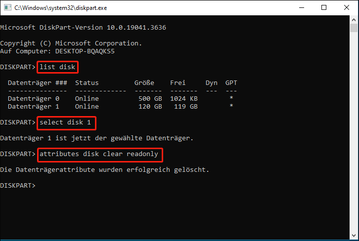 Führen Sie die Befehle aus, um den Schreibschutz aufzuheben