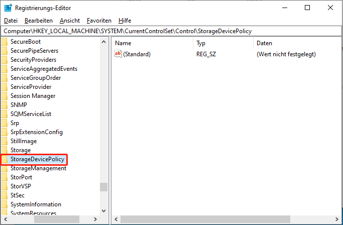 Erstellen Sie einen neuen Schlüssel mit dem Namen StorageDevicePolicies