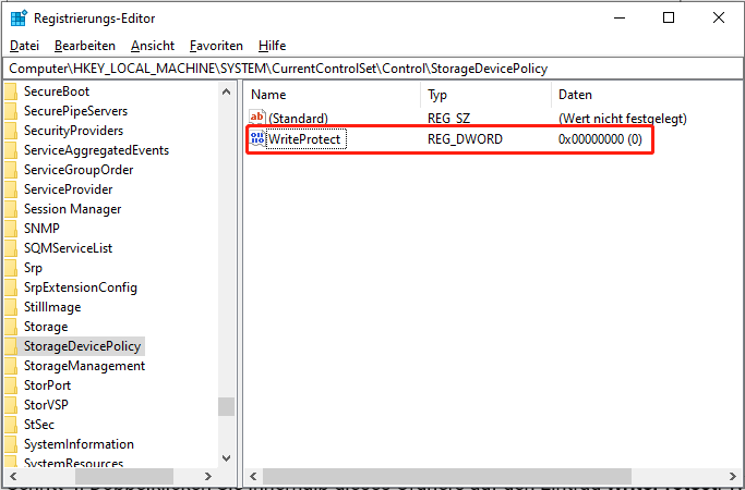 Erstellen Sie einen neuen Eintrag mit dem Namen WriteProtect