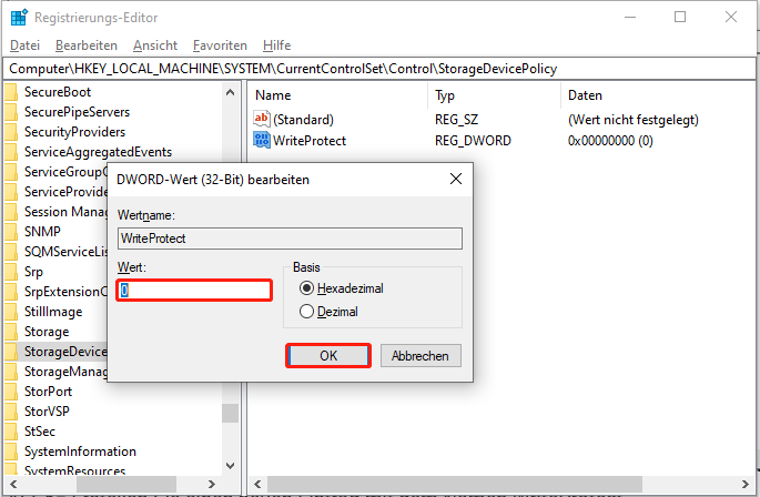 Den Wert auf 0 setzen und auf OK klicken