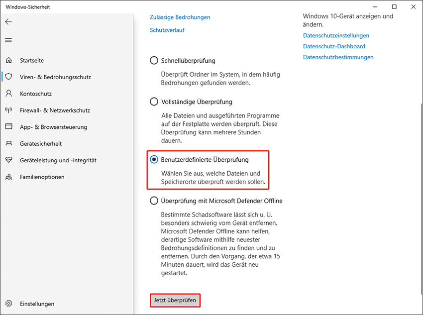 Benutzerdefinierten Scan auswählen und auf Jetzt scannen klicken