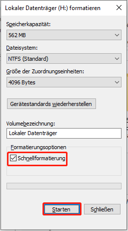 Schnellformatierung aktivieren und auf Starten klicken