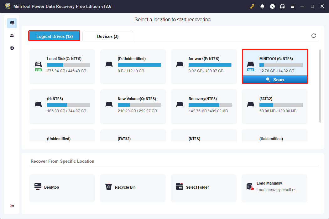 find the USB drive and click Scan in the main interface of MiniTool Power Data Recovery