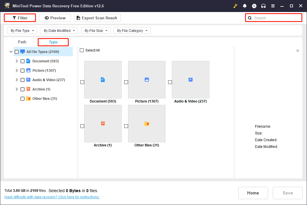use Type, Filter, Search to search for the target files in MiniTool Power Data Recovery