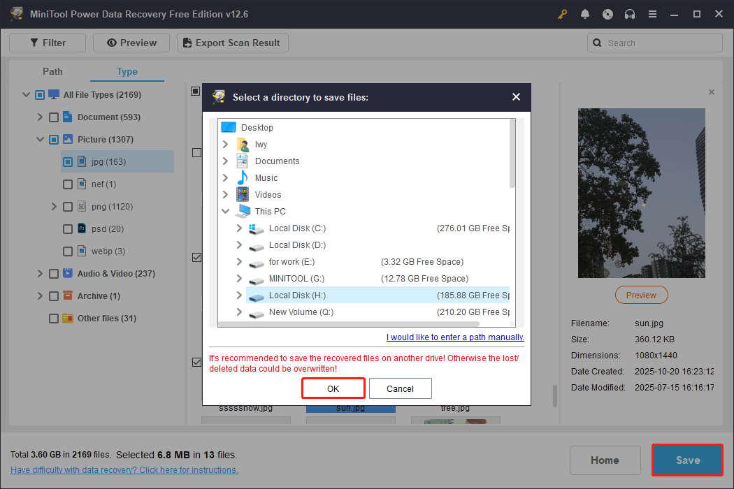 select a location for the files in MiniTool Power Data Recovery
