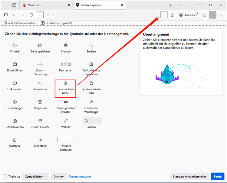 Ziehen Sie den Menüpunkt Lesezeichen in die Symbolleiste