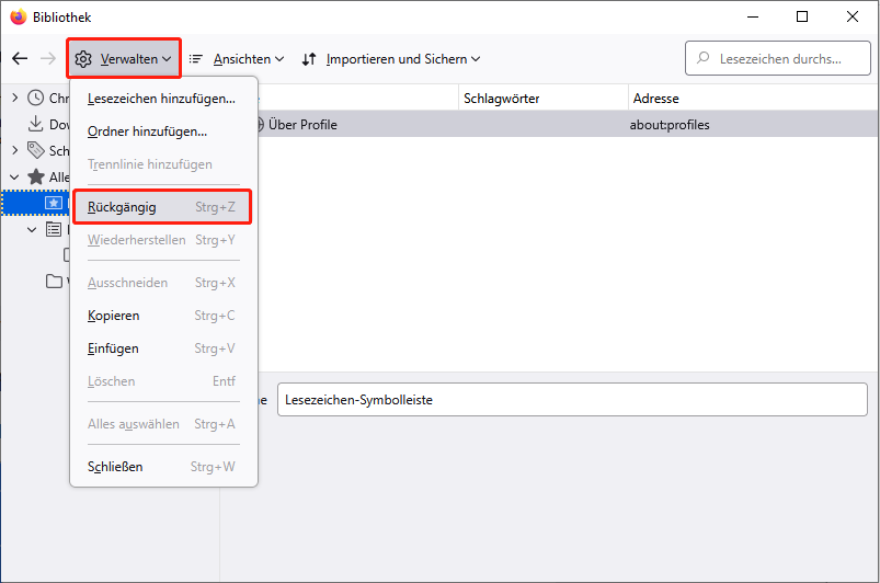 Klicken Sie auf die Schaltfläche Verwalten und wählen Sie Rückgängig.