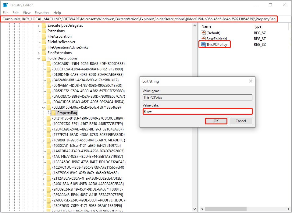 the value data of the ThisPCPolicy registry is set to Show in the Registry Editor