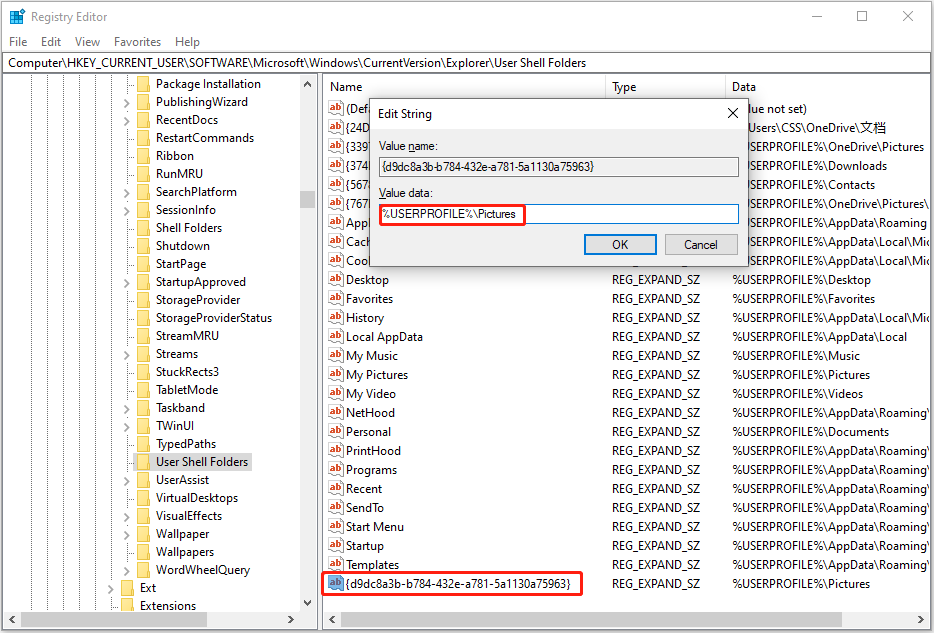 the value data of {d9dc8a3b-b784-432e-a781-5a1130a75963} is set to %USERPROFILE%\Pictures in Registry Editor