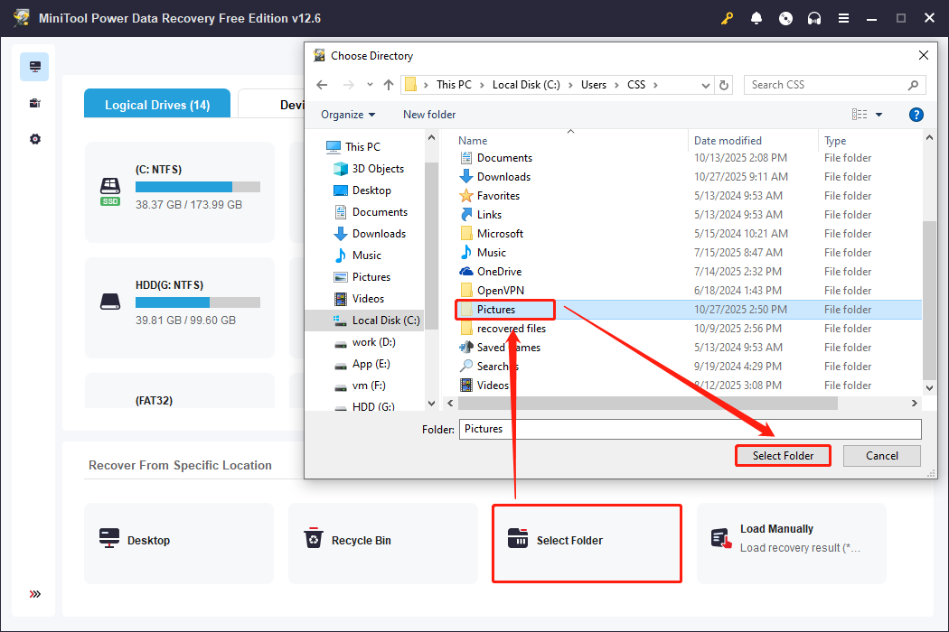 the Pictures folder being selected to scan in MiniTool Power Data Recovery