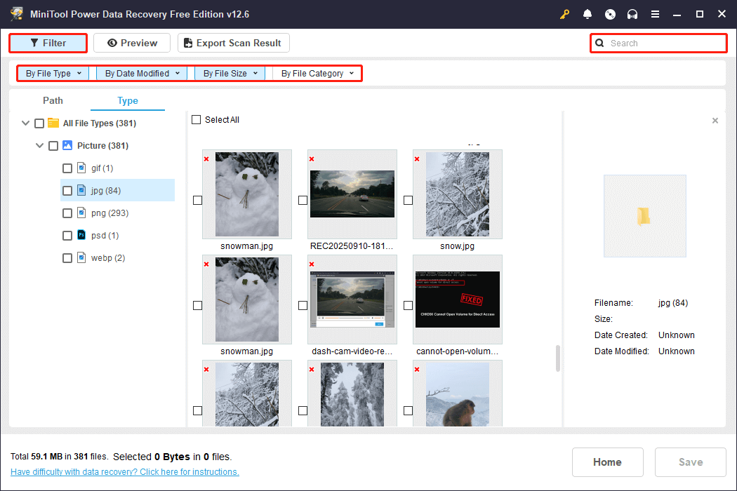 Filter and Search features are available to locate files faster in MiniTool Power Data Recovery