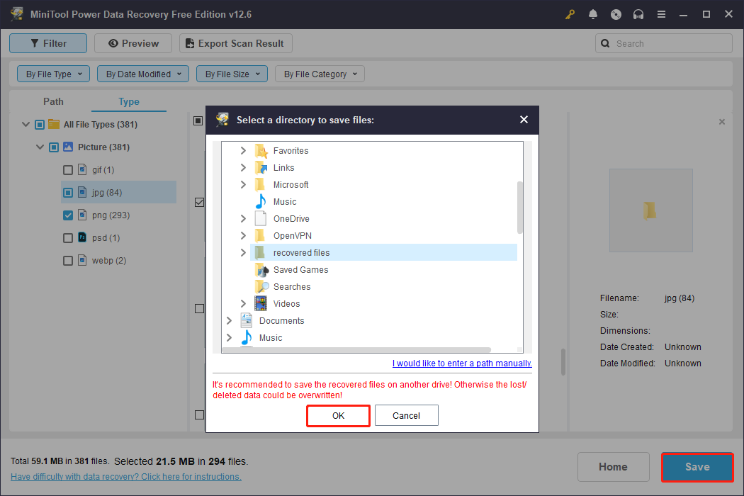 the Save button is available for saving ticked files in MiniTool Power Data Recovery