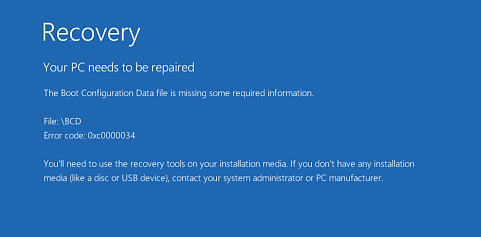 the Boot Configuration Data missing error code window