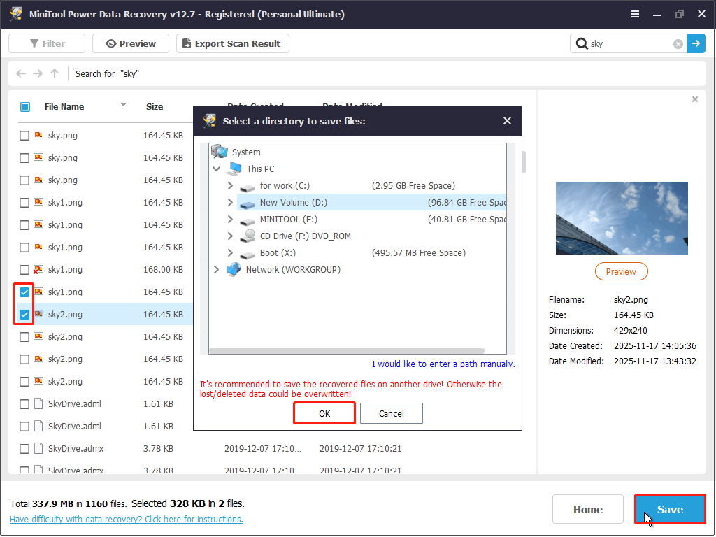 tick the file, click Save, and hit OK in MiniTool Power Data Recovery