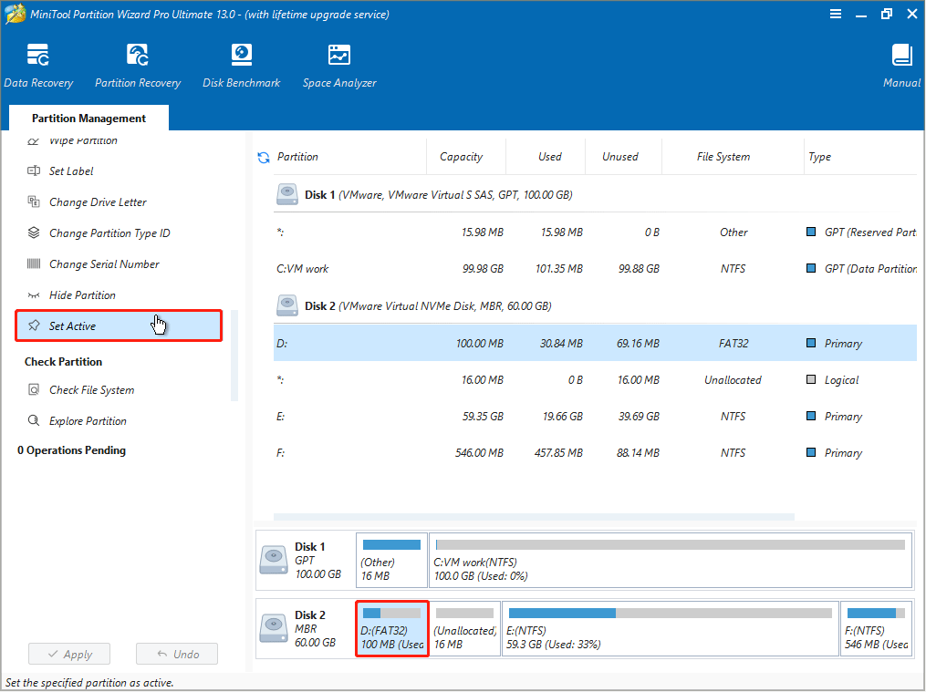 select the partition and click Set Active