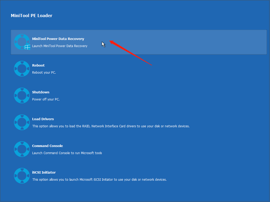 click MiniTool Power Data Recovery in the MiniTool PE Loader interface