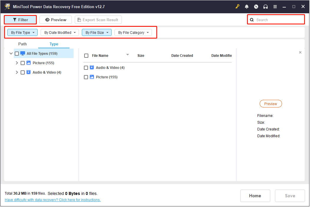 a screenshot displaying the Filter and Search features in MiniTool Power Data Recovery