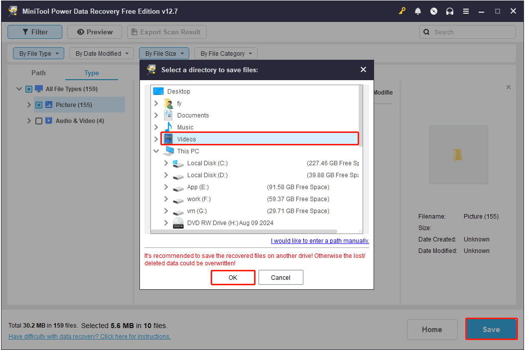 the Save interface for saving recovered files in MiniTool Power Data Recovery