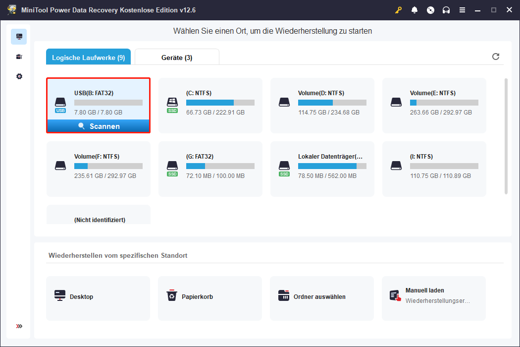 Wählen Sie in MiniTool Power Data Recovery die Partition zum Scannen aus.