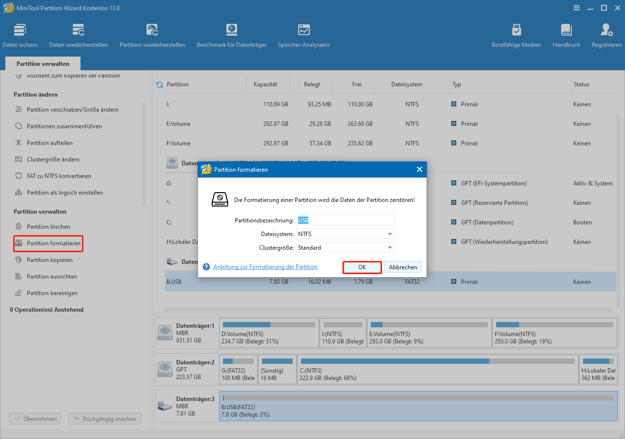 Legen Sie die Volumebezeichnung und das Dateisystem fest und klicken Sie dann auf OK