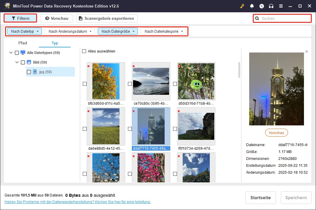 Verwenden Sie Filter und Suche, um Dateien in MiniTool Power Data Recovery zu finden.