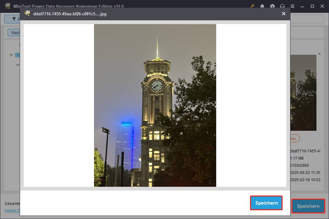 Zeigen Sie eine Vorschau der gewünschten Dateien an und speichern Sie sie in MiniTool Power Data Recovery.