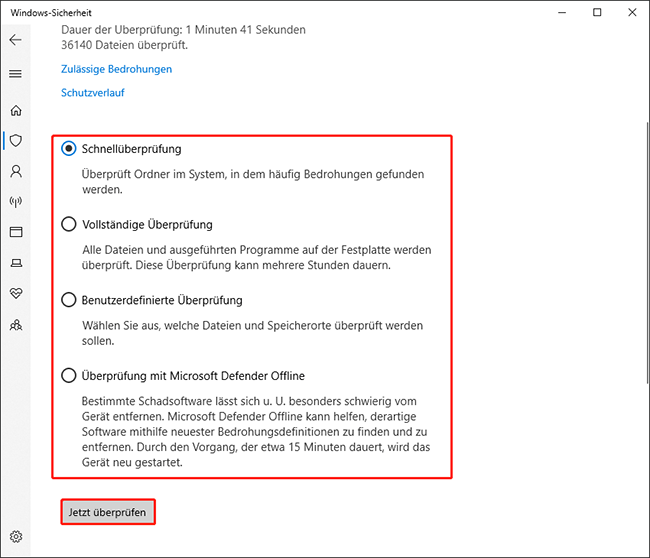 Klicken Sie auf Scanoptionen, wählen Sie eine Scanmethode aus und klicken Sie dann auf Jetzt scannen.