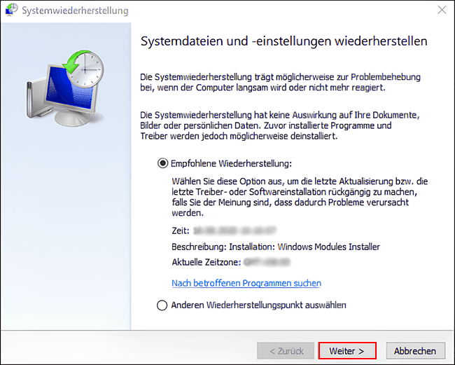 Klicken Sie im Fenster Systemdateien und -einstellungen wiederherstellen auf Weiter.