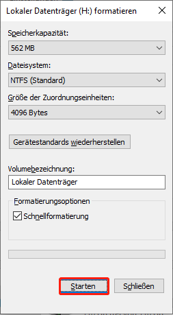 Aktivieren Sie Schnellformatierung und klicken Sie auf Starten