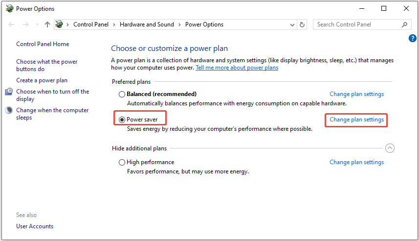 The Power Options interface with the Power saver option selected to change the plan settings.