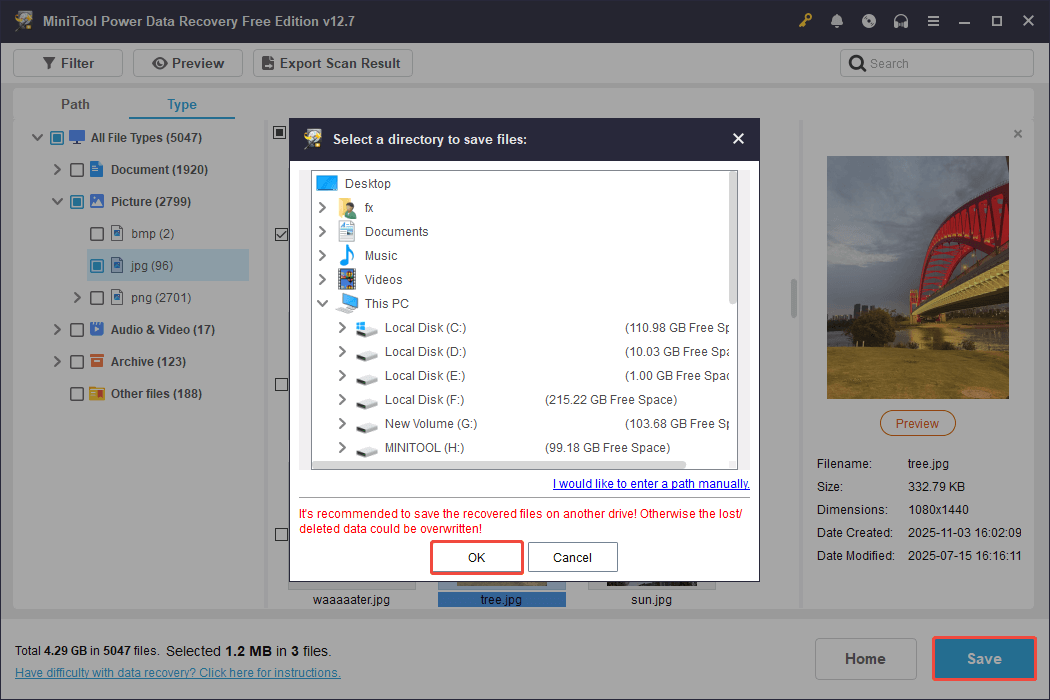 MiniTool Power Data Recovery interface showing the Save dialog with listed save paths for storing recovered files.