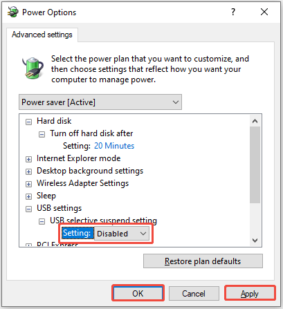 Power Options window showing the USB selective suspend setting set to Disabled.